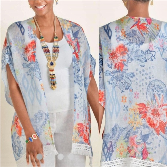 Chico’s NWOT Ikat Paradise Ruana linen fringe kimono coverup top Small/Medium - Picture 5 of 13